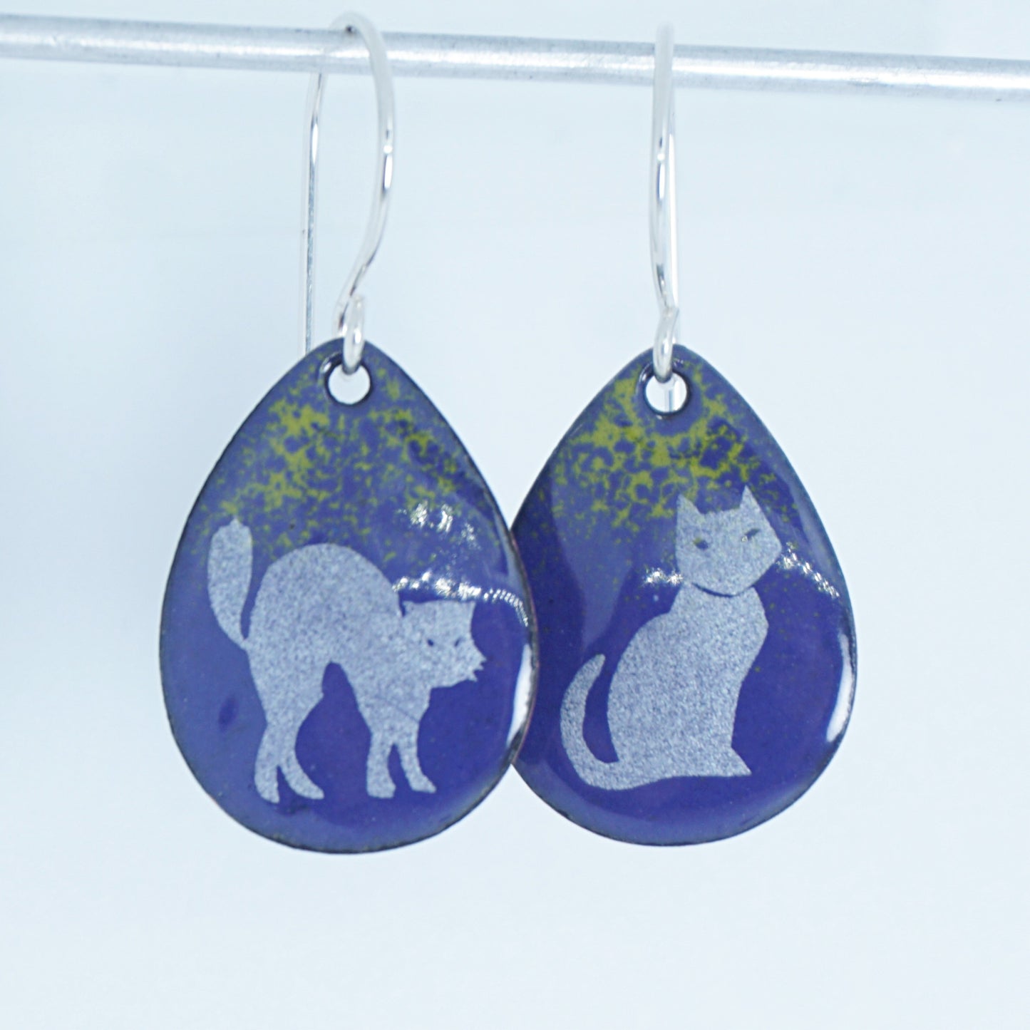 Cats on Purple Enamel Teardrop Earrings