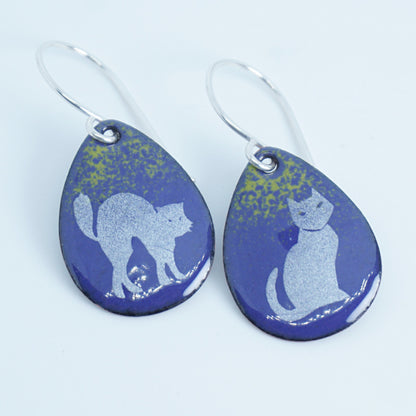 Cats on Purple Enamel Teardrop Earrings