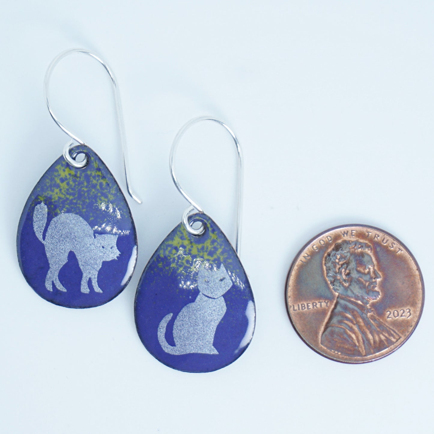 Cats on Purple Enamel Teardrop Earrings