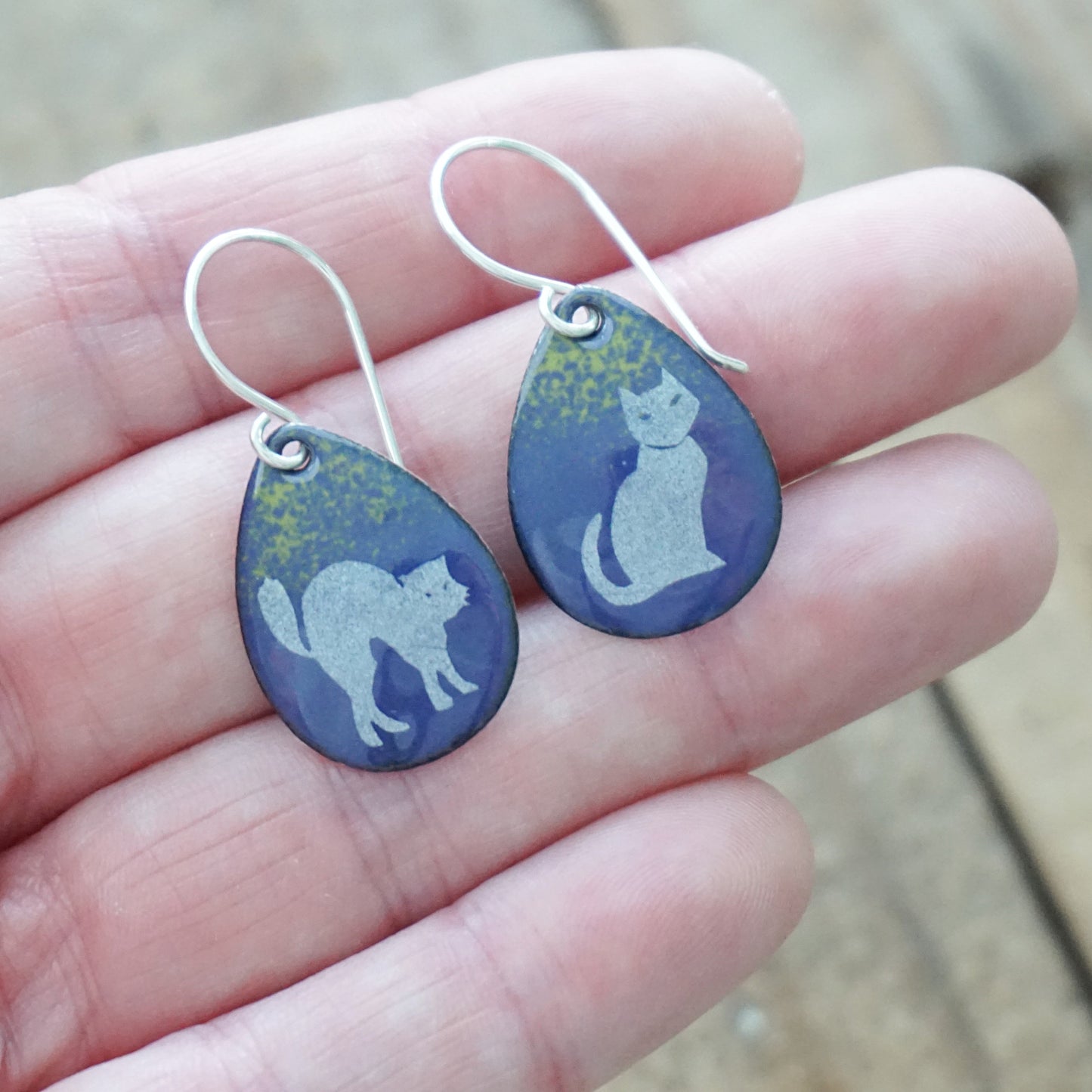 Cats on Purple Enamel Teardrop Earrings