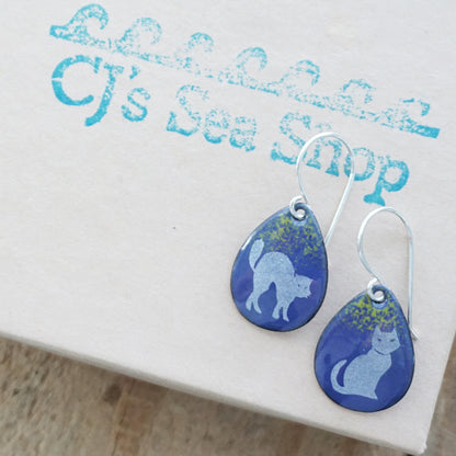 Cats on Purple Enamel Teardrop Earrings