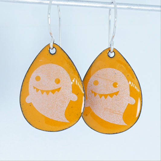 Ghosts on Orange Enamel Teardrop Earrings