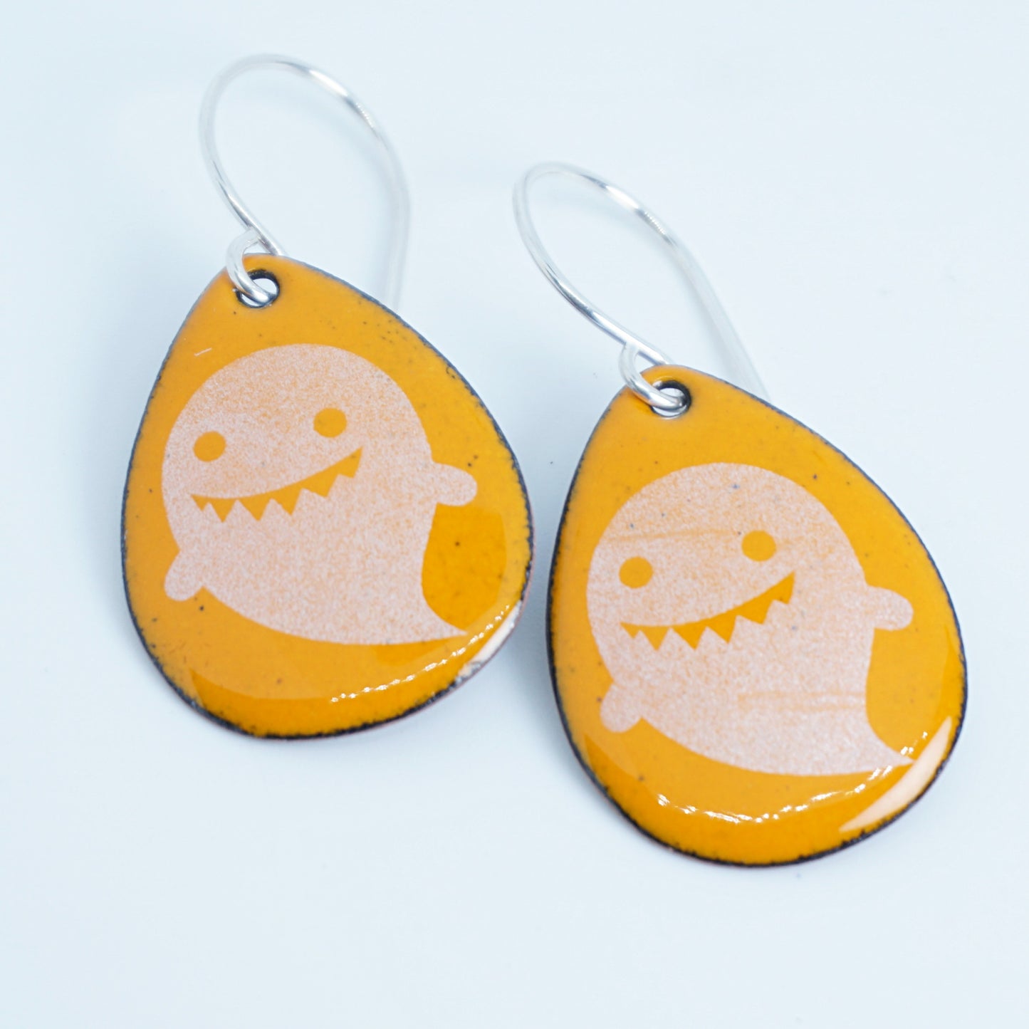 Ghosts on Orange Enamel Teardrop Earrings