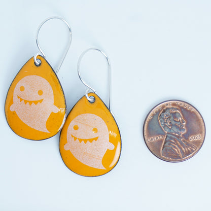 Ghosts on Orange Enamel Teardrop Earrings