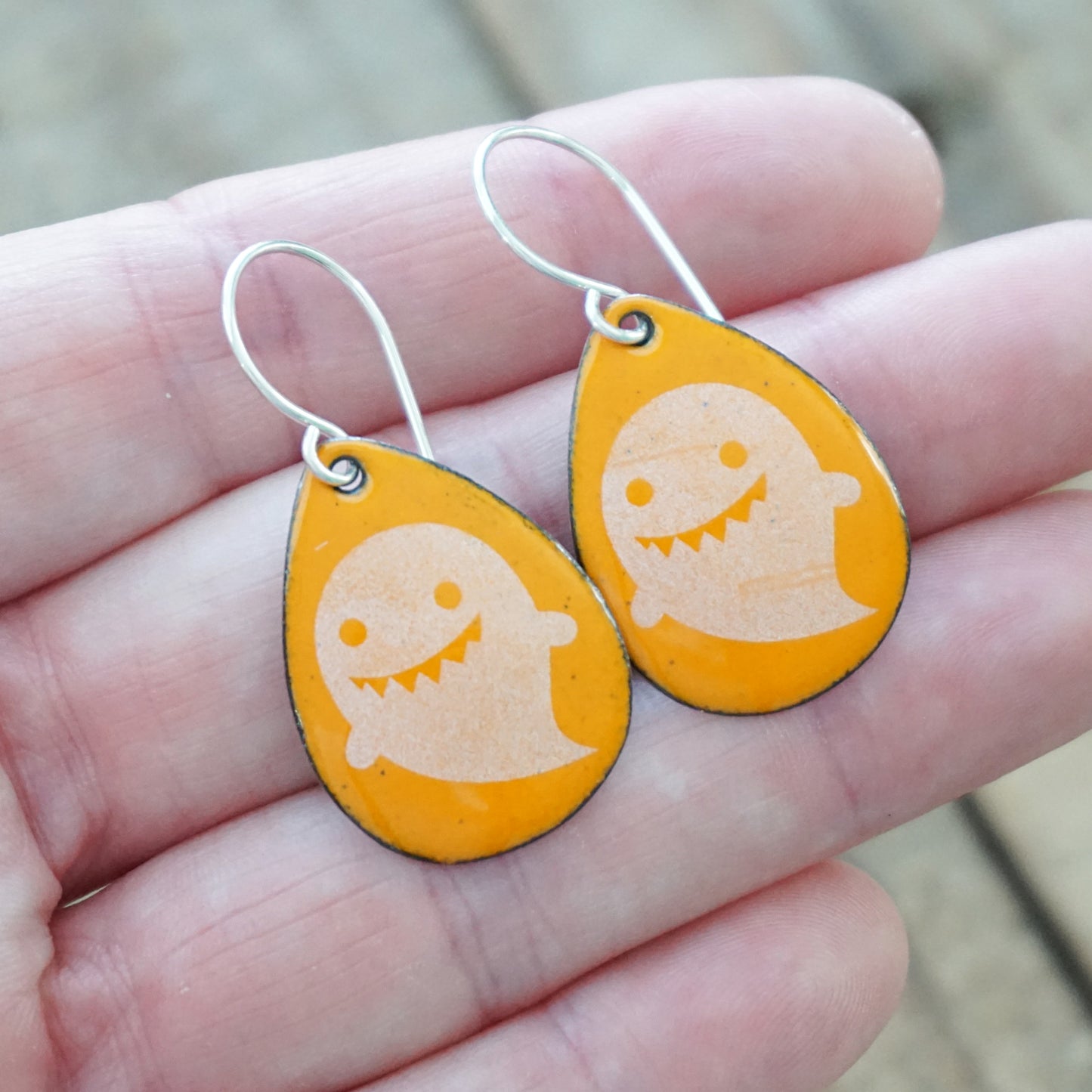 Ghosts on Orange Enamel Teardrop Earrings