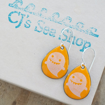 Ghosts on Orange Enamel Teardrop Earrings