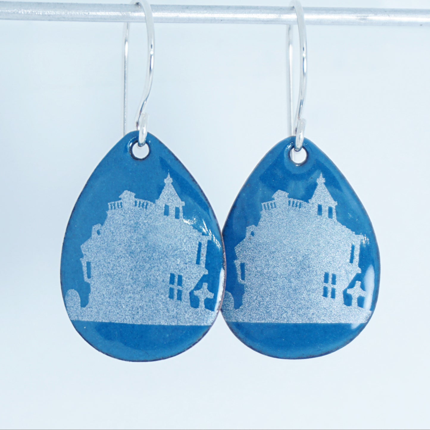 CLEARANCE Haunted House on Peacock Teal Blue Enamel Teardrop Earrings