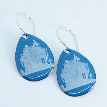 CLEARANCE Haunted House on Peacock Teal Blue Enamel Teardrop Earrings