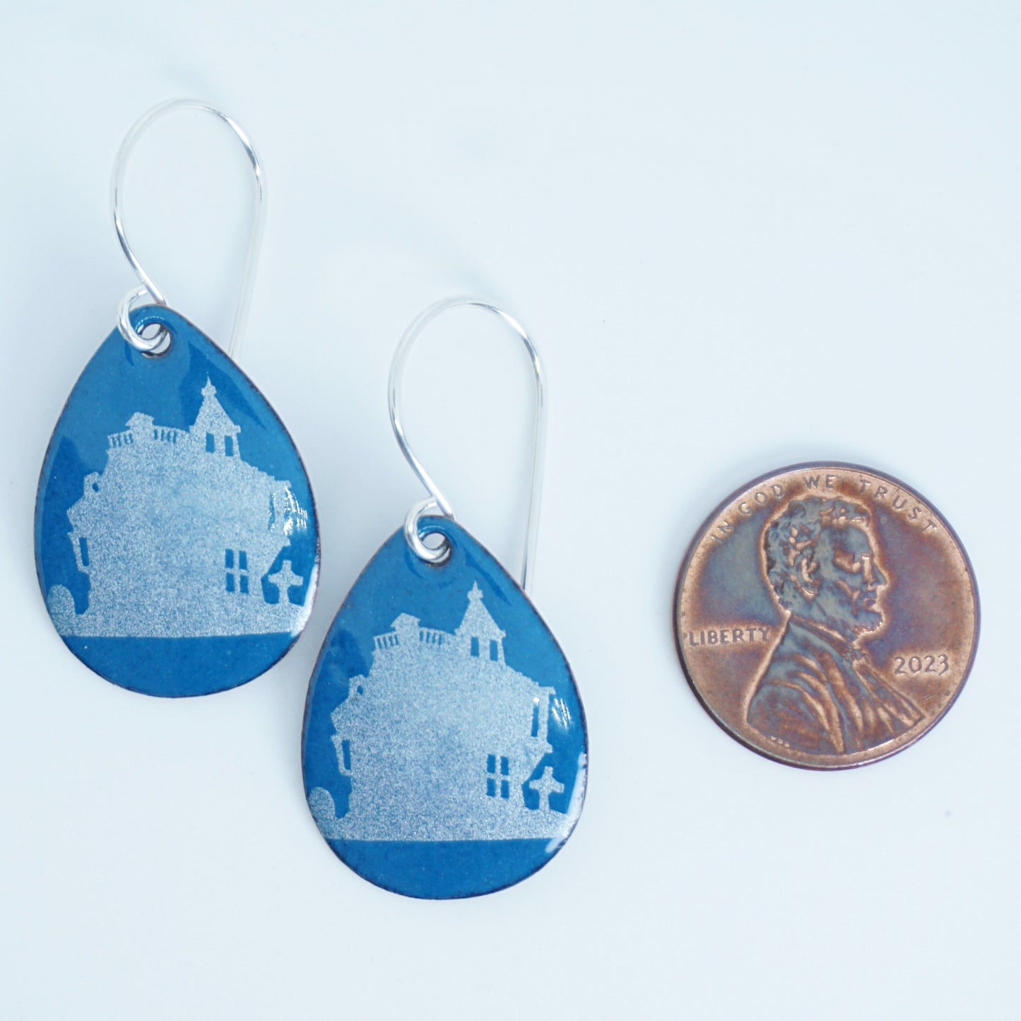 CLEARANCE Haunted House on Peacock Teal Blue Enamel Teardrop Earrings