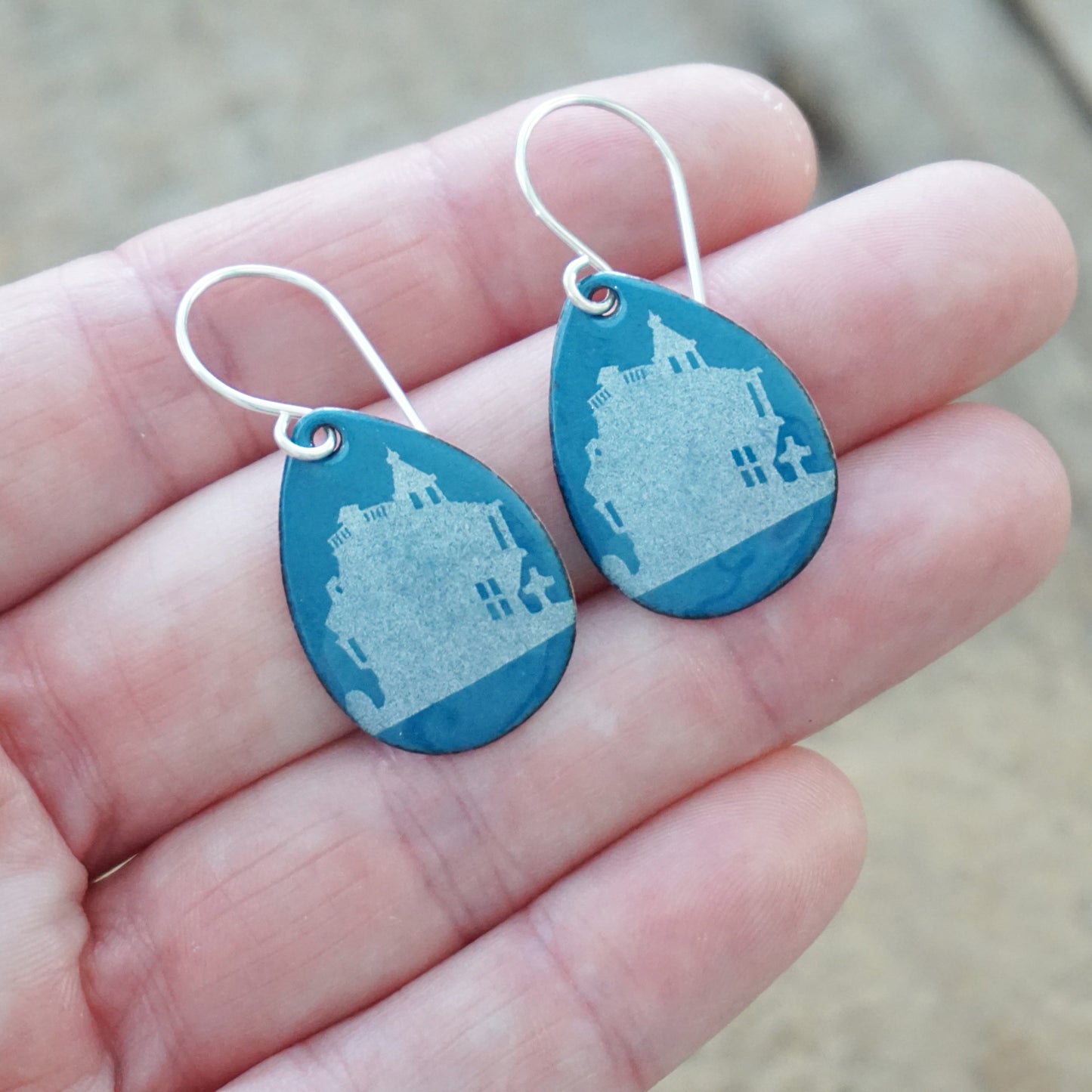 CLEARANCE Haunted House on Peacock Teal Blue Enamel Teardrop Earrings