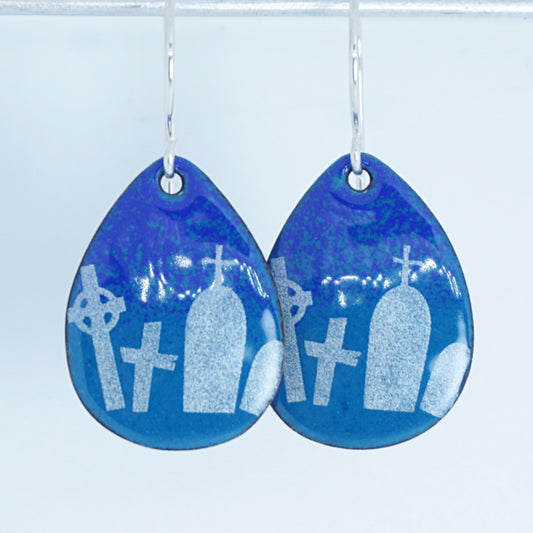 Tombstones on Peacock Teal Blue Enamel Teardrop Earrings