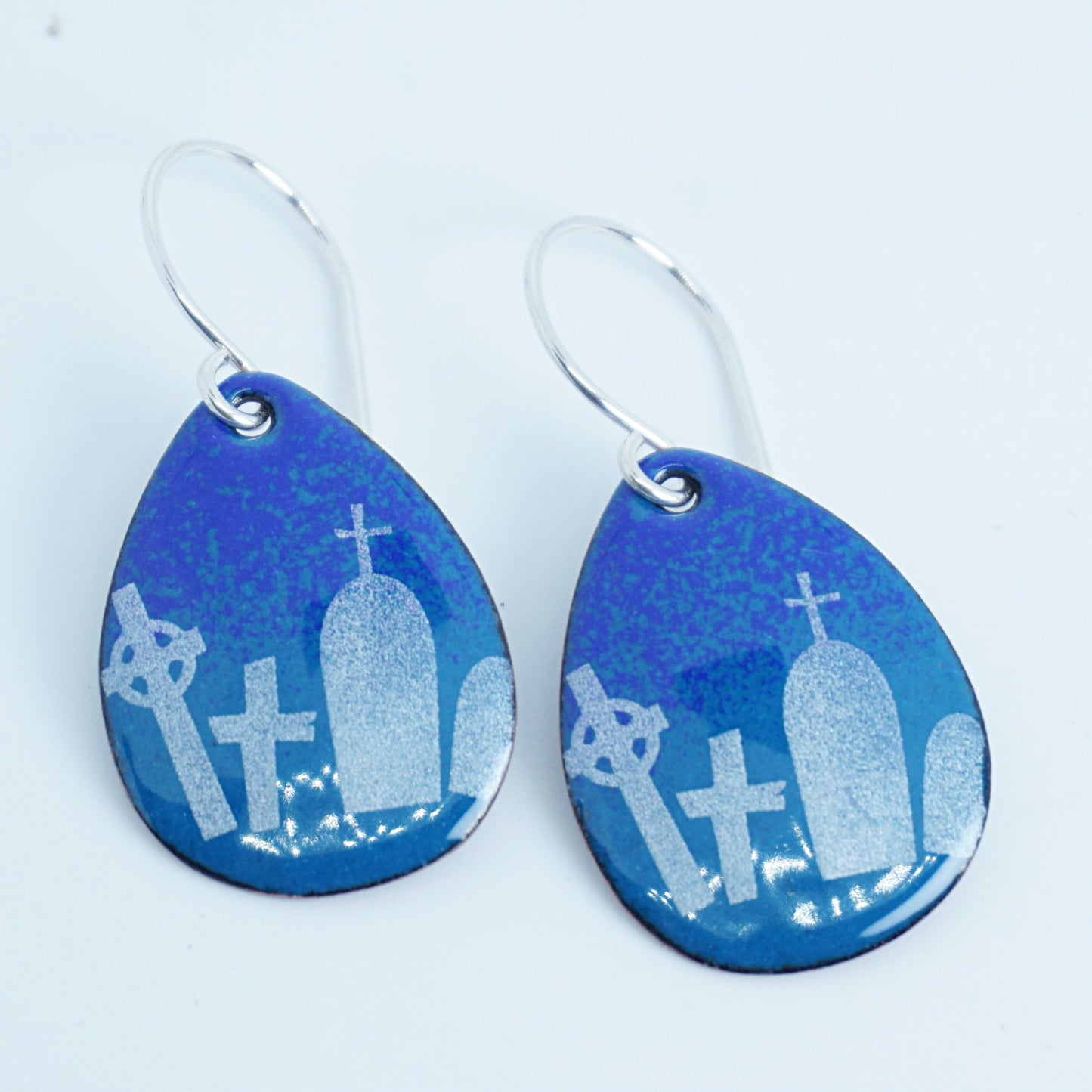 Tombstones on Peacock Teal Blue Enamel Teardrop Earrings