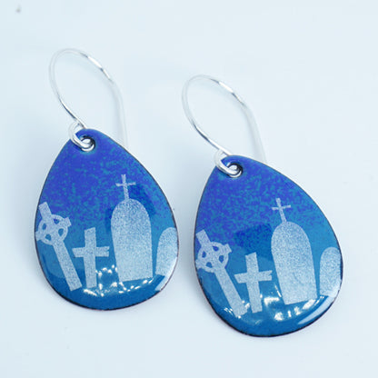 Tombstones on Peacock Teal Blue Enamel Teardrop Earrings