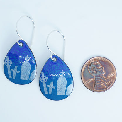 Tombstones on Peacock Teal Blue Enamel Teardrop Earrings