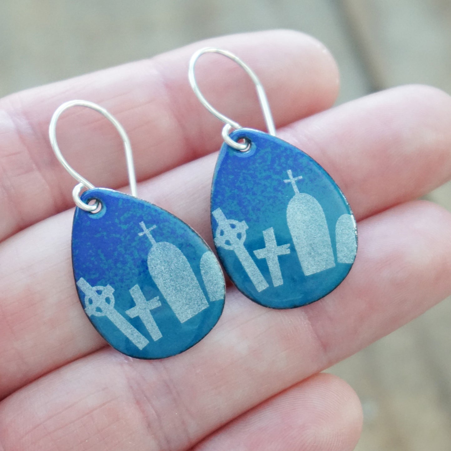 Tombstones on Peacock Teal Blue Enamel Teardrop Earrings