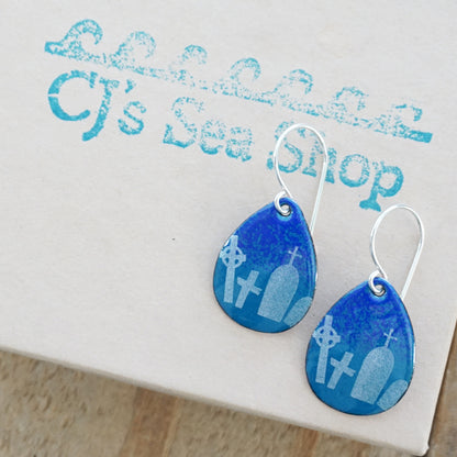 Tombstones on Peacock Teal Blue Enamel Teardrop Earrings