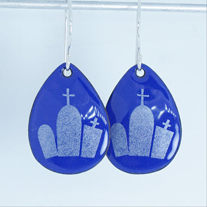 Tombstones on Cobalt Blue Enamel Teardrop Earrings