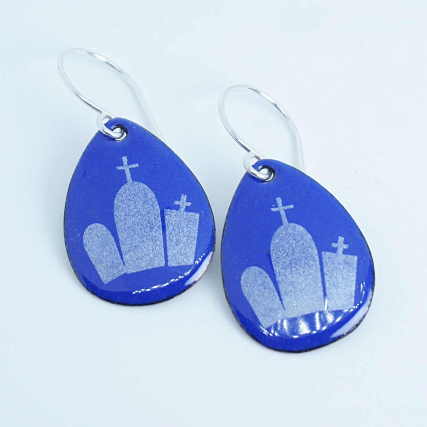 Tombstones on Cobalt Blue Enamel Teardrop Earrings