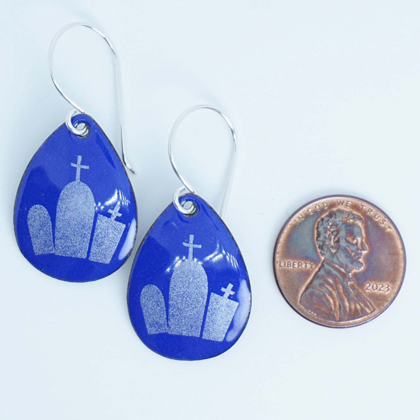 Tombstones on Cobalt Blue Enamel Teardrop Earrings