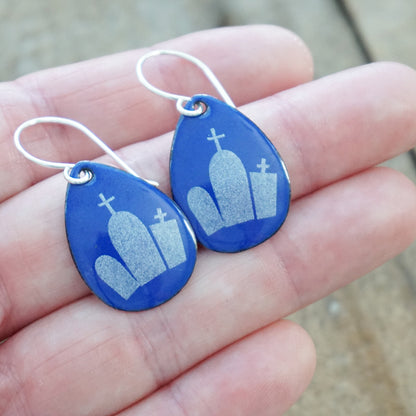 Tombstones on Cobalt Blue Enamel Teardrop Earrings