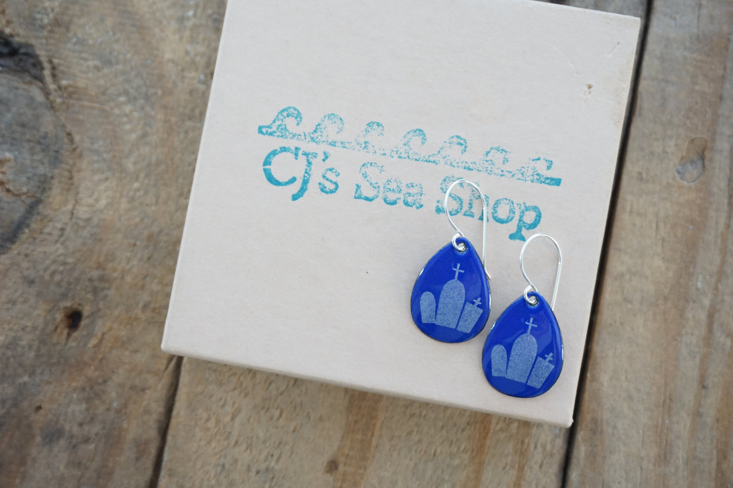 Tombstones on Cobalt Blue Enamel Teardrop Earrings