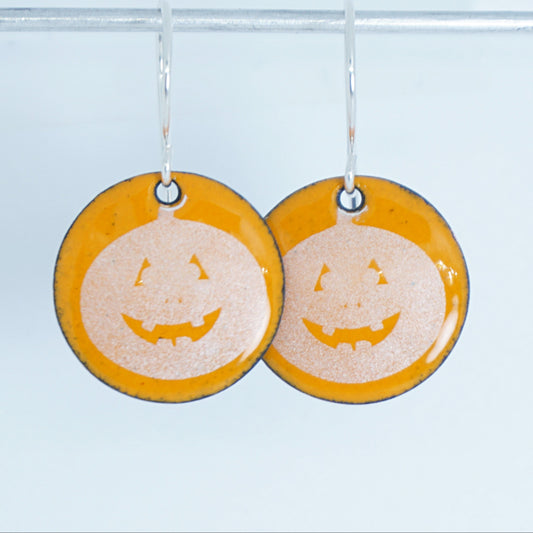 Jack o Lantern on Orange Enamel Disc Earrings