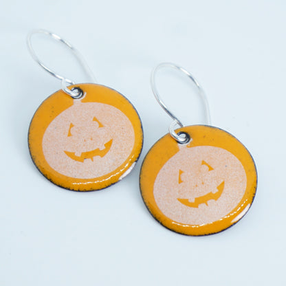 Jack o Lantern on Orange Enamel Disc Earrings