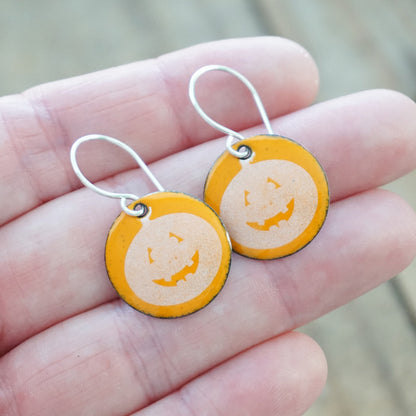 Jack o Lantern on Orange Enamel Disc Earrings