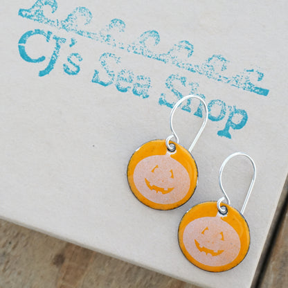 Jack o Lantern on Orange Enamel Disc Earrings