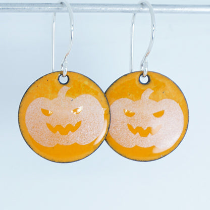 Jack o Lantern on Orange Enamel Disc Earrings