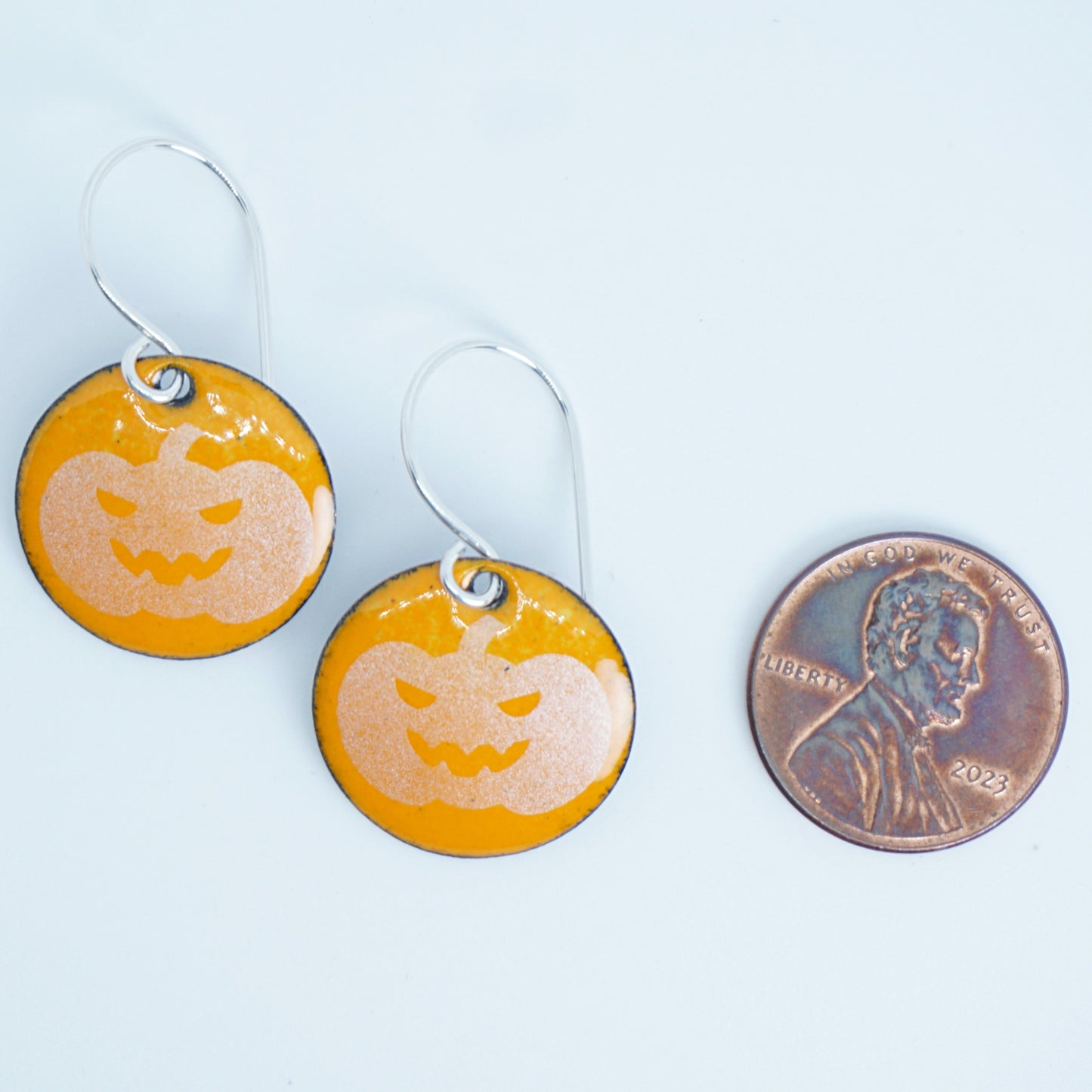 Jack o Lantern on Orange Enamel Disc Earrings