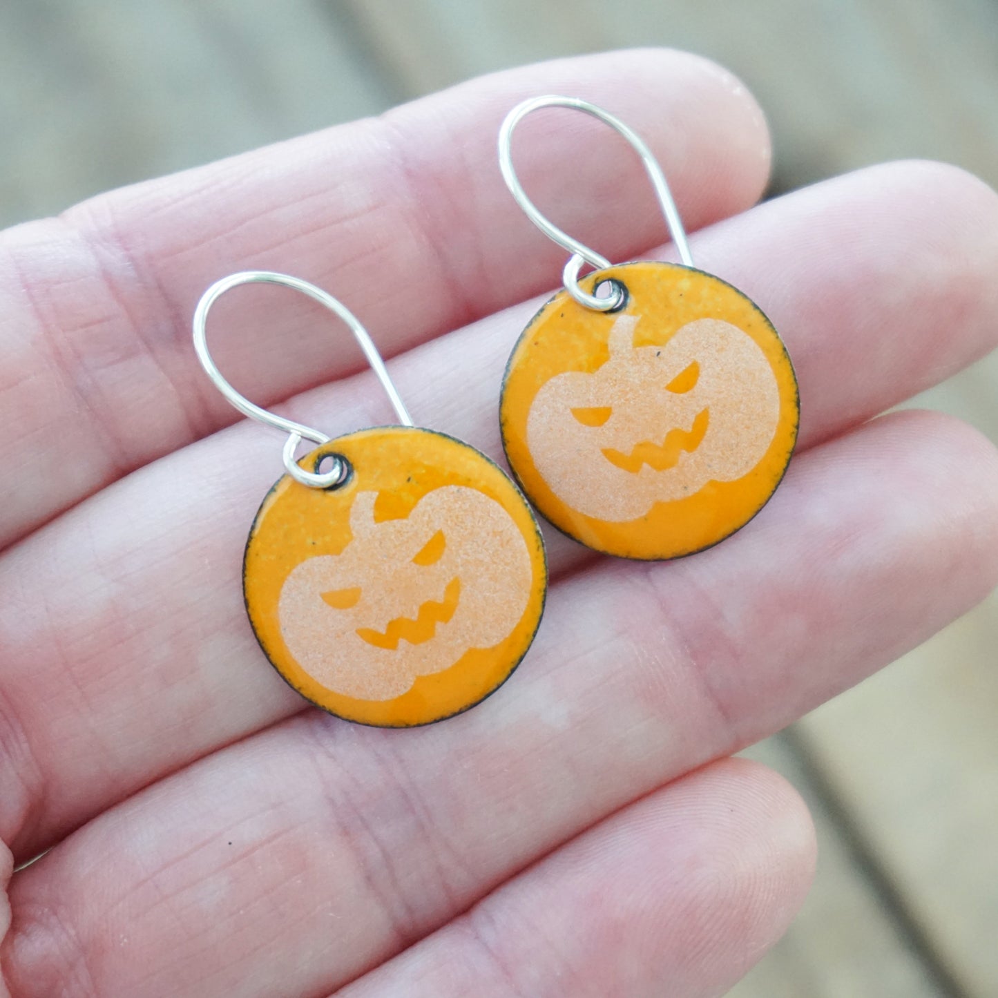 Jack o Lantern on Orange Enamel Disc Earrings