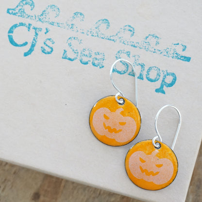 Jack o Lantern on Orange Enamel Disc Earrings