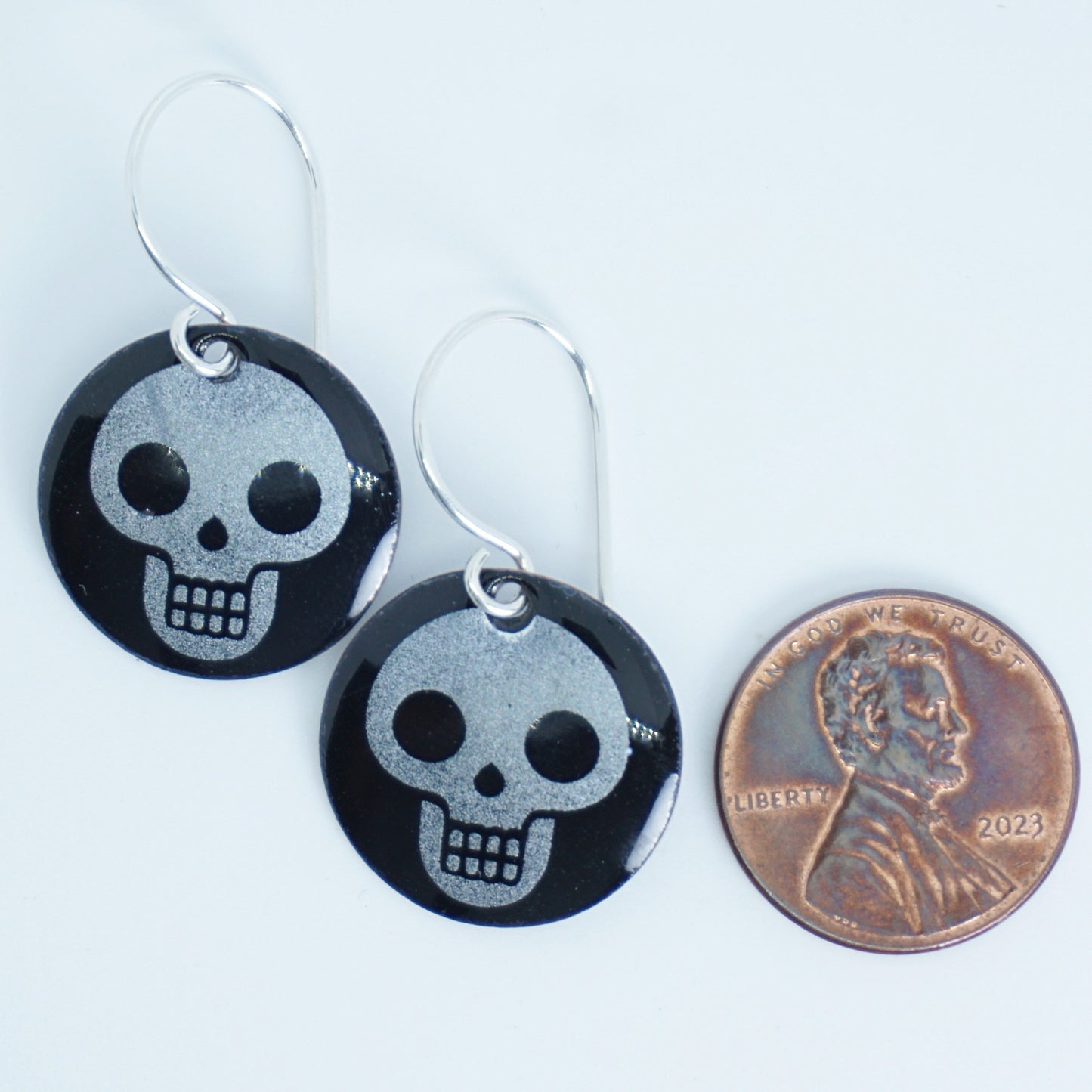 Skulls on Black Enamel Disc Earrings