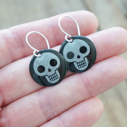 Skulls on Black Enamel Disc Earrings