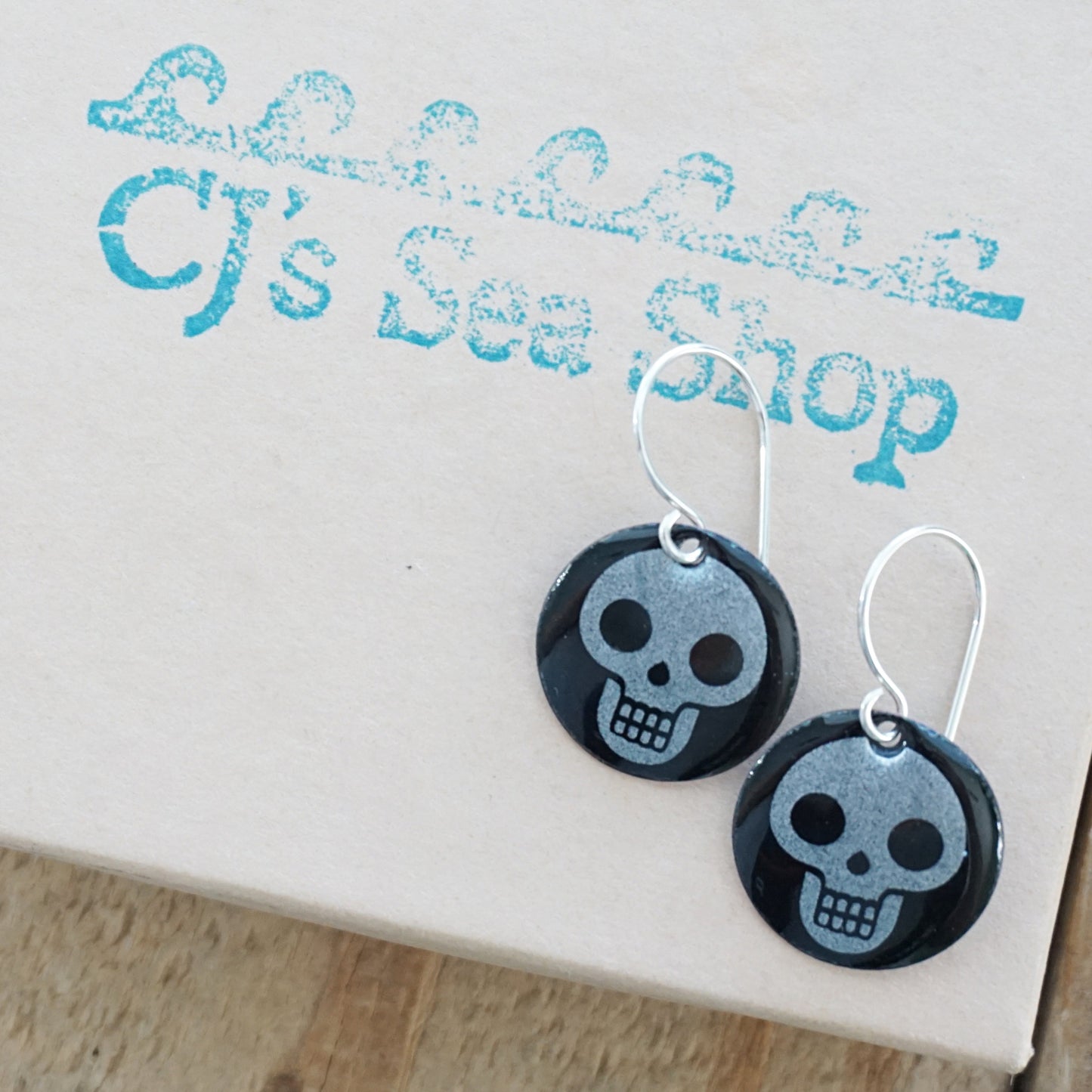 Skulls on Black Enamel Disc Earrings