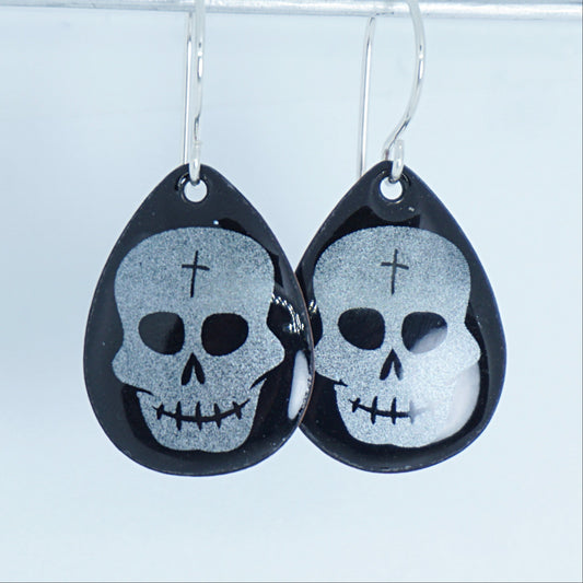 Skulls on Black Enamel Teardrop Earrings