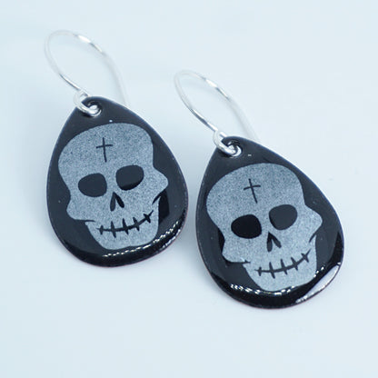 Skulls on Black Enamel Teardrop Earrings