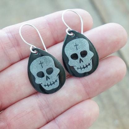 Skulls on Black Enamel Teardrop Earrings