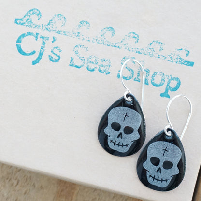 Skulls on Black Enamel Teardrop Earrings