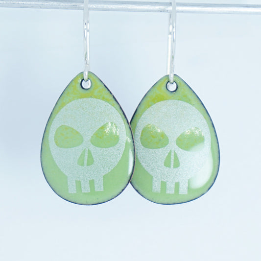 Skulls on Acid Green Enamel Teardrop Earrings