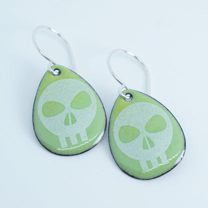 Skulls on Acid Green Enamel Teardrop Earrings