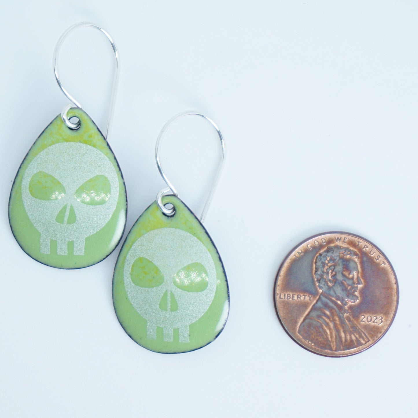 Skulls on Acid Green Enamel Teardrop Earrings