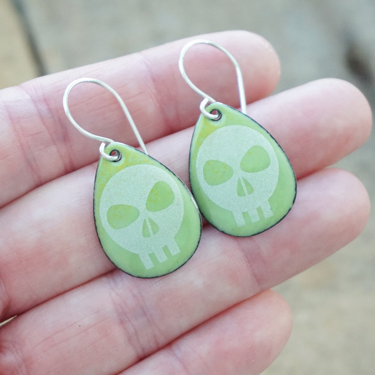 Skulls on Acid Green Enamel Teardrop Earrings