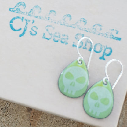 Skulls on Acid Green Enamel Teardrop Earrings