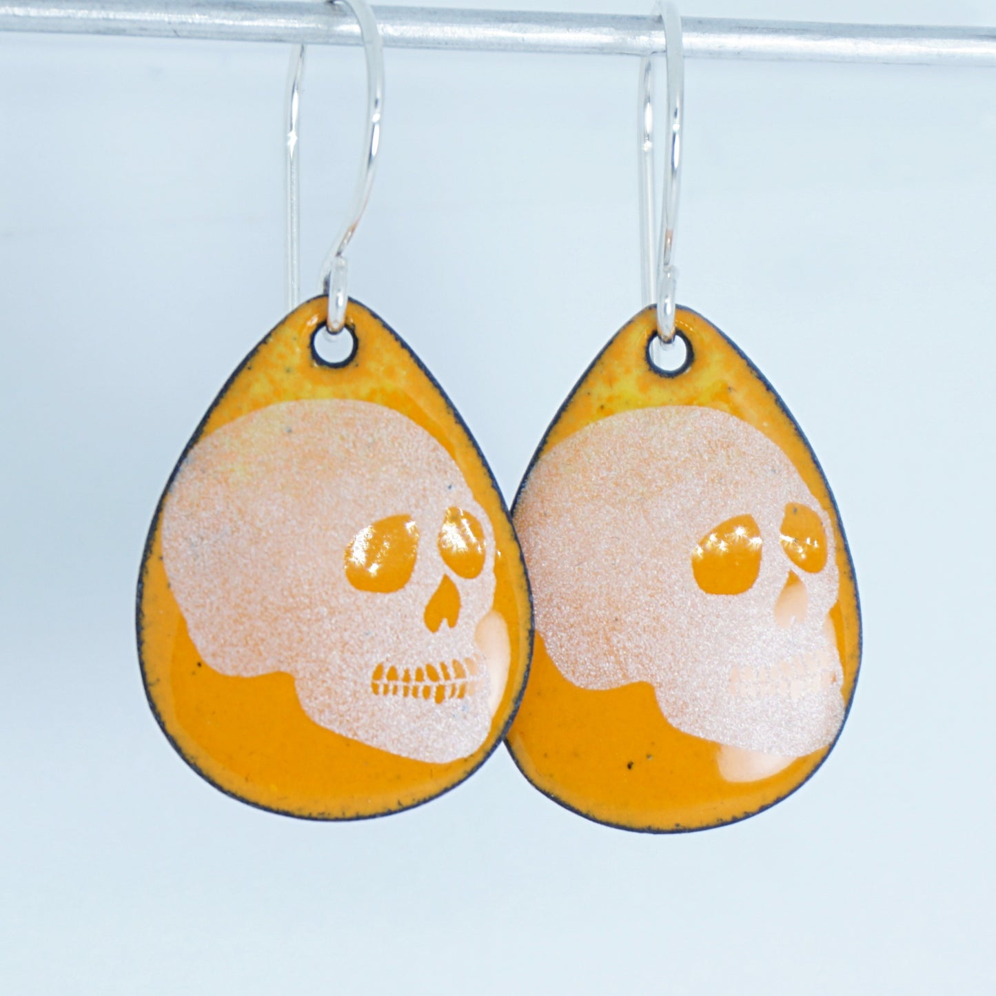 CLEARANCE Skulls on Orange Enamel Teardrop Earrings