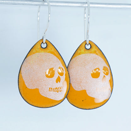 CLEARANCE Skulls on Orange Enamel Teardrop Earrings