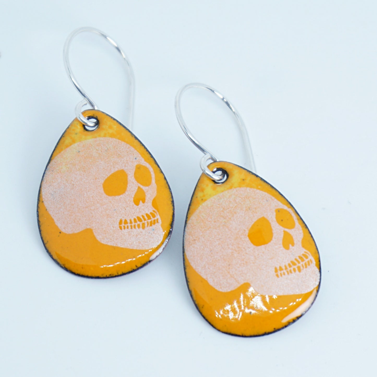 CLEARANCE Skulls on Orange Enamel Teardrop Earrings