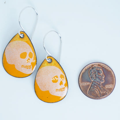 CLEARANCE Skulls on Orange Enamel Teardrop Earrings