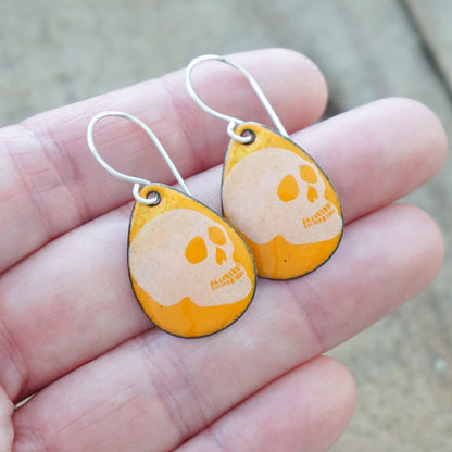 CLEARANCE Skulls on Orange Enamel Teardrop Earrings